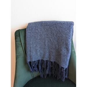 West Elm 46x53 Tassle Fringe Throw Blanket Navy Blue Fuzzy Knit Cozy Decor